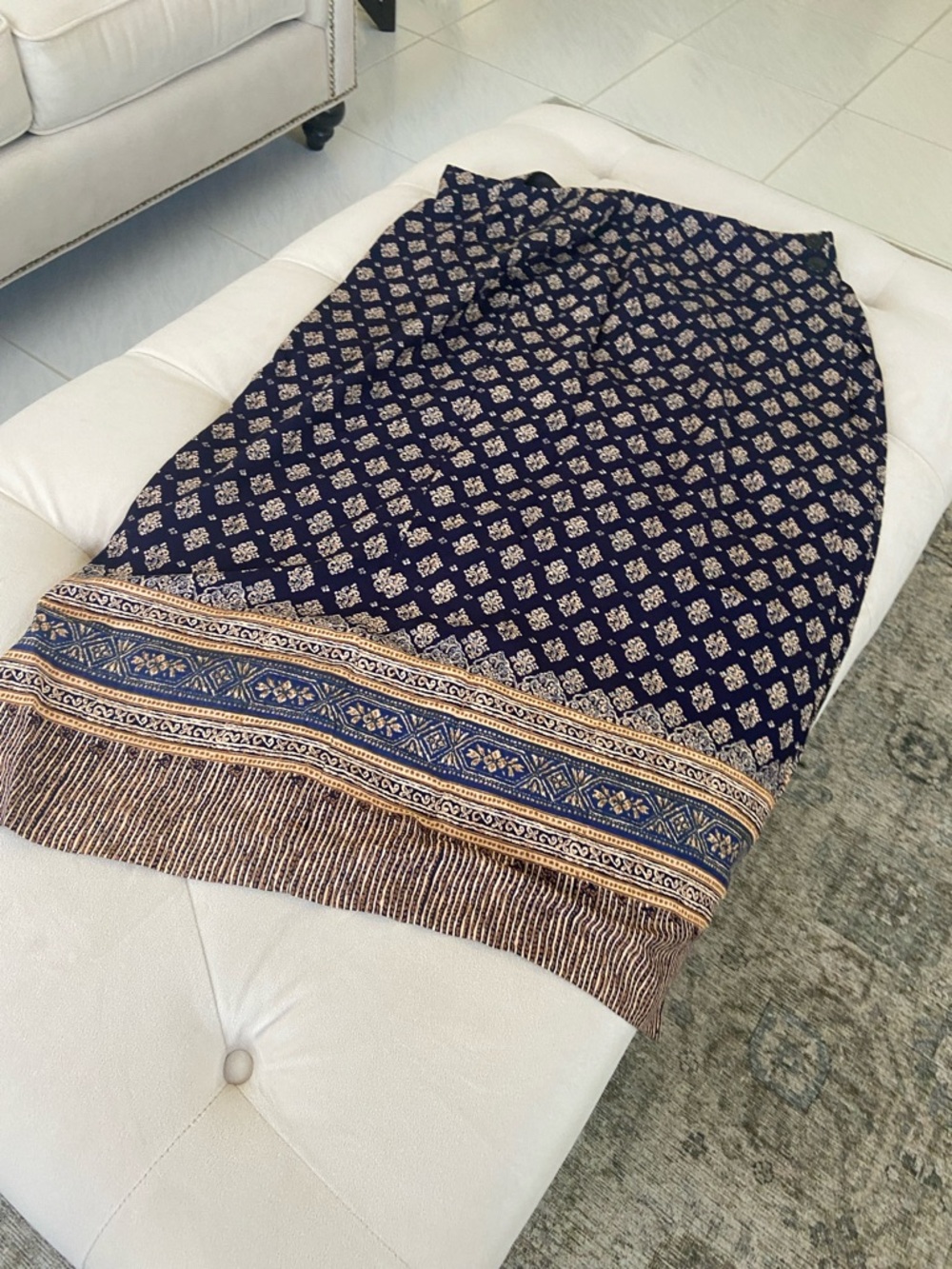 Express Navy and Cream Patterned Maxi Skirt with Decorative Hem